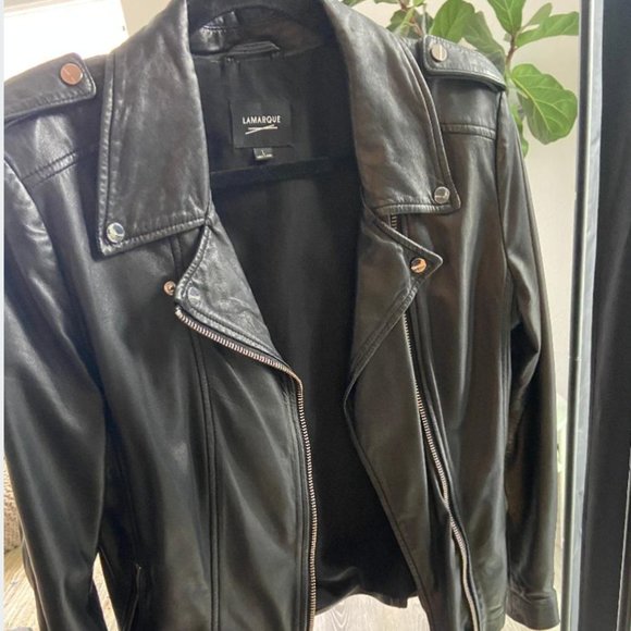 HOT Leather Biker Jacket EUC $200 Black L LAMARQUE - Picture 2 of 8